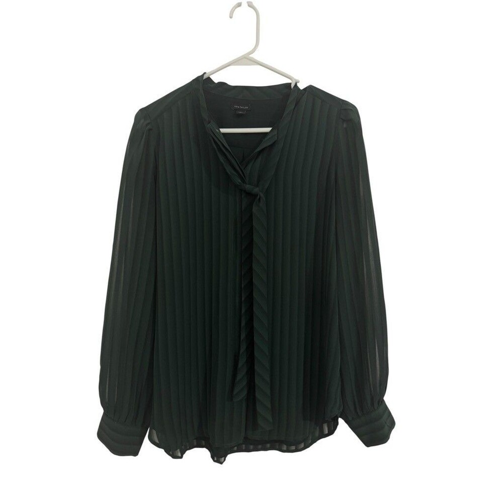 Ann Taylor Blouse Women S Dark Green Pleated Sheer Stripe Tie Neck Long Sleeve